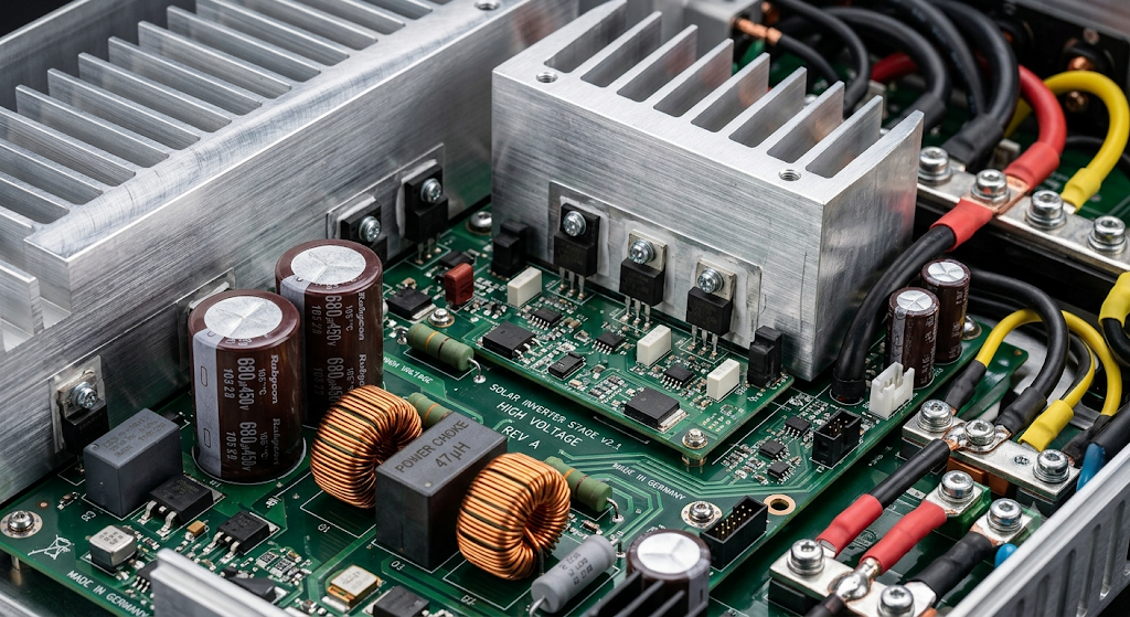 Primer plano macro técnico de componentes internos de alta calidad y disipadores de calor de un inversor solar residential premium.