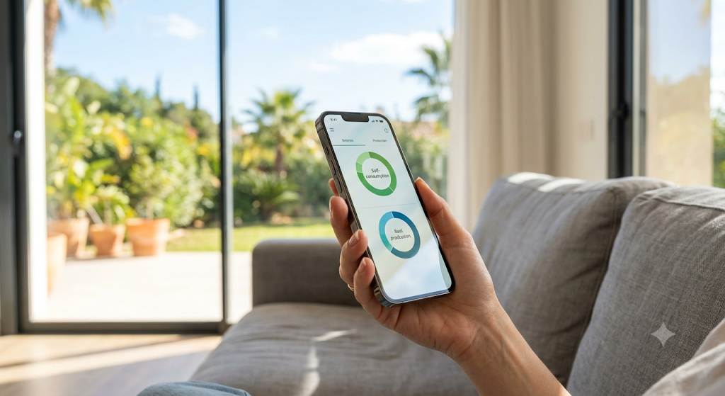 Primer plano de mano sosteniendo smartphone con aplicación de monitorización solar residential moderna, mostrando gráficos de producción y consumo.