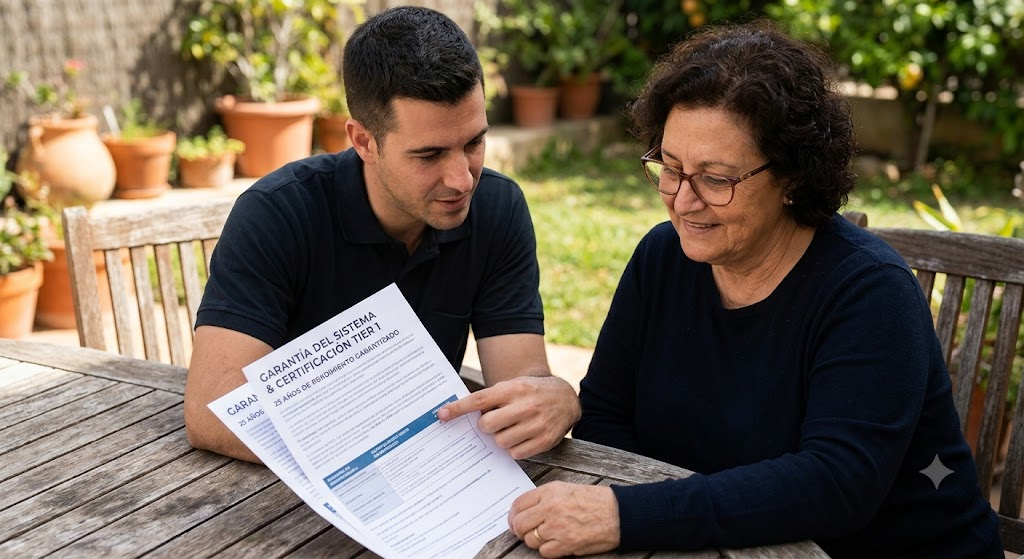 : Un instalador profesional genérico y una propietaria española mayor analizando juntos un documento de garantía impreso que especifica la certificación Tier 1 y 25 años de rendimiento garantizado.