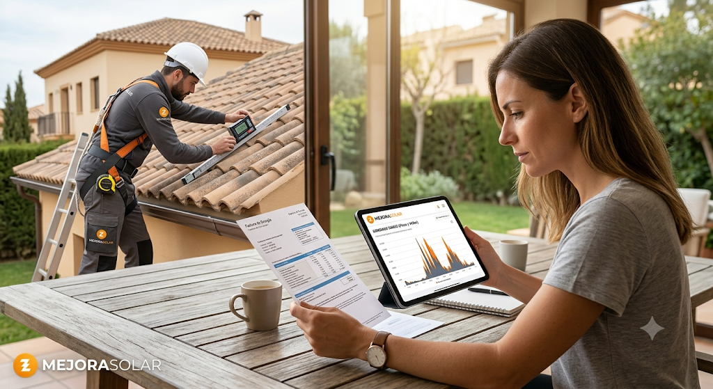 Dueña de casa analizando factura de luz y gráfico de consumo para elegir kit solar