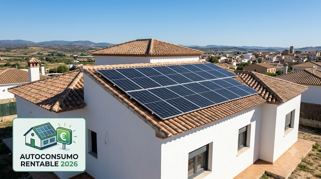 Vista aérea oblicua de un chalet moderno en España con una instalación solar completa y bien integrada, incluyendo un icono conceptual superpuesto que indica Autoconsumo Rentable 2026.