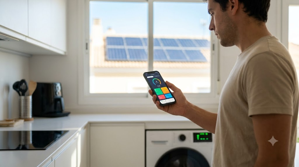 Persona en una cocina moderna y luminosa mirando su móvil para monitorizar el autoconsumo solar mientras una lavadora está en marcha, ilustrando la optimización del consumo energético en España.