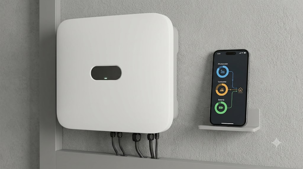 Fotografía profesional de un inversor solar residencial moderno montado en la pared de un garaje limpio, con un smartphone al lado mostrando analíticas avanzadas de flujo de energía sin logos de marcas.