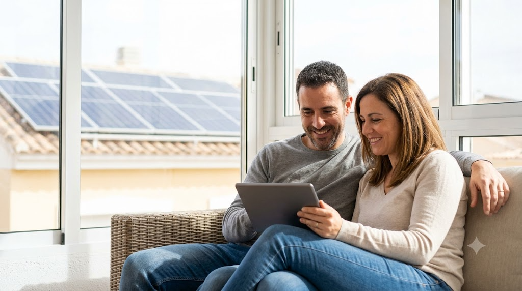 Pareja satisfecha en un salón luminoso con ventanales mirando juntos una tablet que muestra un informe de ahorro histórico de energía solar, con paneles solares borrosos en un tejado vecino.