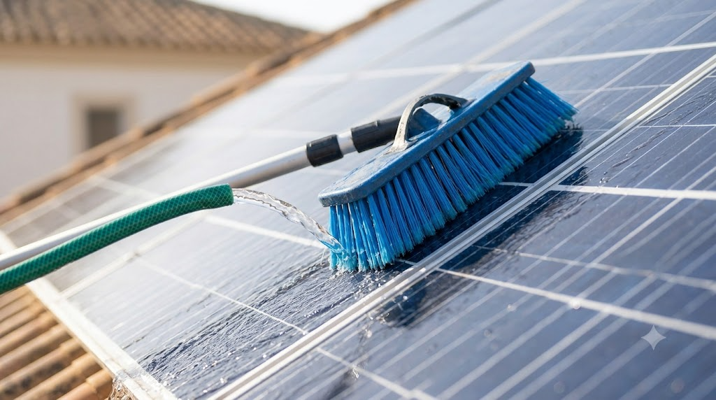 Acción de limpieza de paneles solares residenciales con cepillo extensible suave y agua a baja presión en tejado español de tejas.