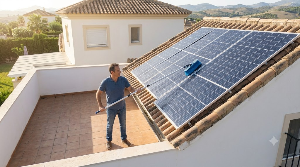 Demostración de seguridad en la limpieza de placas solares: uso de mango extensible desde el suelo en terraza de casa moderna.