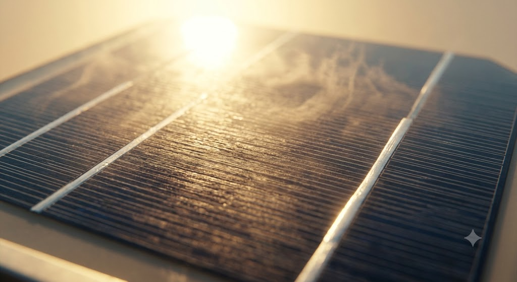 Primer plano extremo de una célula solar monocristalina bajo sol intenso, ilustrando el calor que causa la degradación natural de los paneles solares.