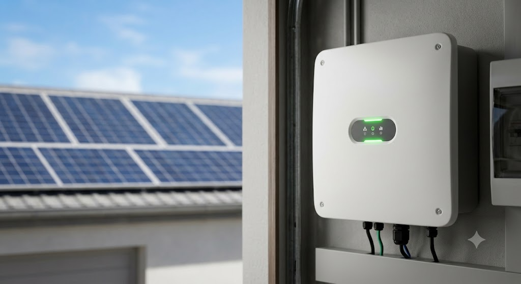 Un inversor solar residencial moderno montado en una pared de garaje con luces LED verdes indicando funcionamiento, con paneles solares desenfocados al fondo.