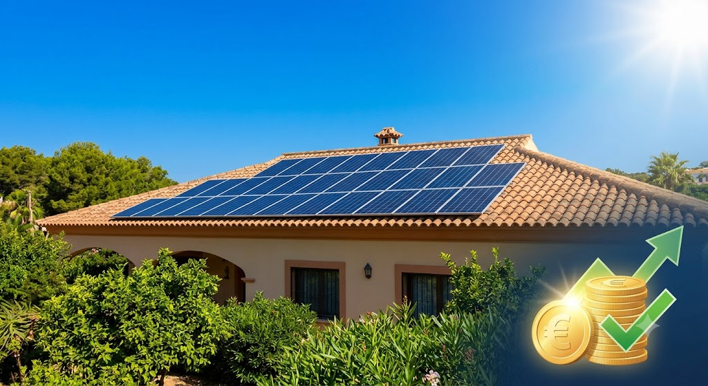Fotografía de una villa española con una gran instalación solar integrada en el tejado, con una superposición gráfica de monedas de euro y un check verde que simboliza el beneficio económico a largo plazo.