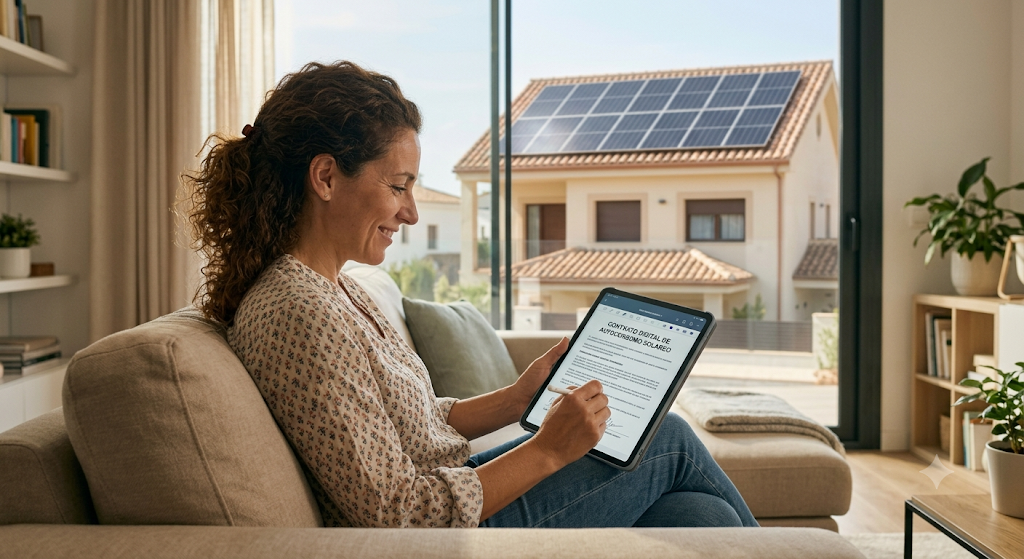 Cliente firmando contrato de instalación solar con gran compañía energética con total tranquilidad