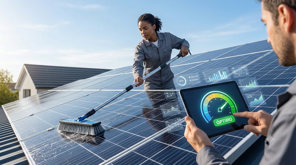 Inspección visual de placas solares: propietaria revisando mantenimiento solar con prismáticos desde el suelo.