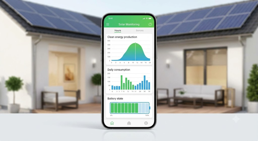 Monitorización solar en app móvil: comprobando la producción de placas solares y el estado del inversor.