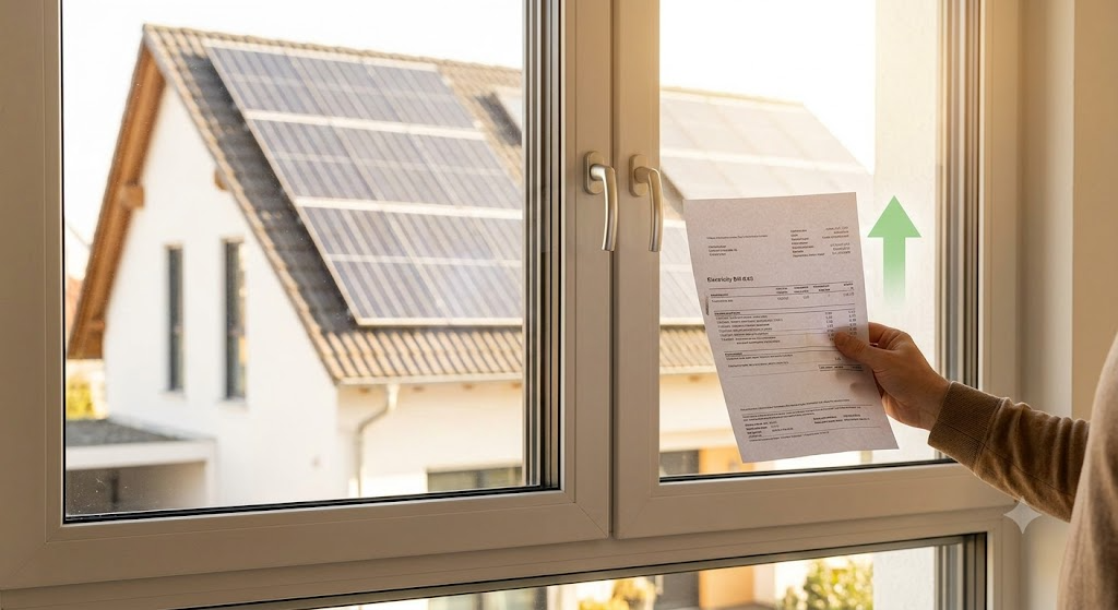 Primer plano de una mano sosteniendo una factura de electricidad física que muestra una cifra muy baja y una flecha verde hacia arriba, vista a través de una ventana que da a un tejado soleado cubierto de paneles solares.