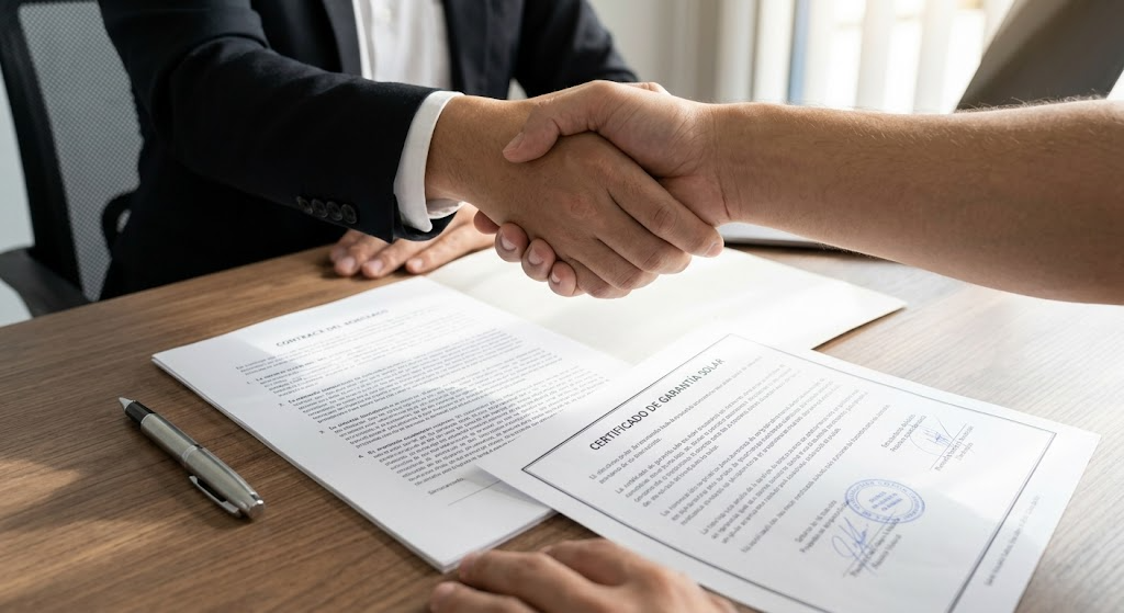 Primer plano de un contrato de compraventa de bienes raíces y un 'Certificado de Garantía Solar' con sellos oficiales sobre un escritorio de madera, con dos manos estrechándose en el fondo borroso.