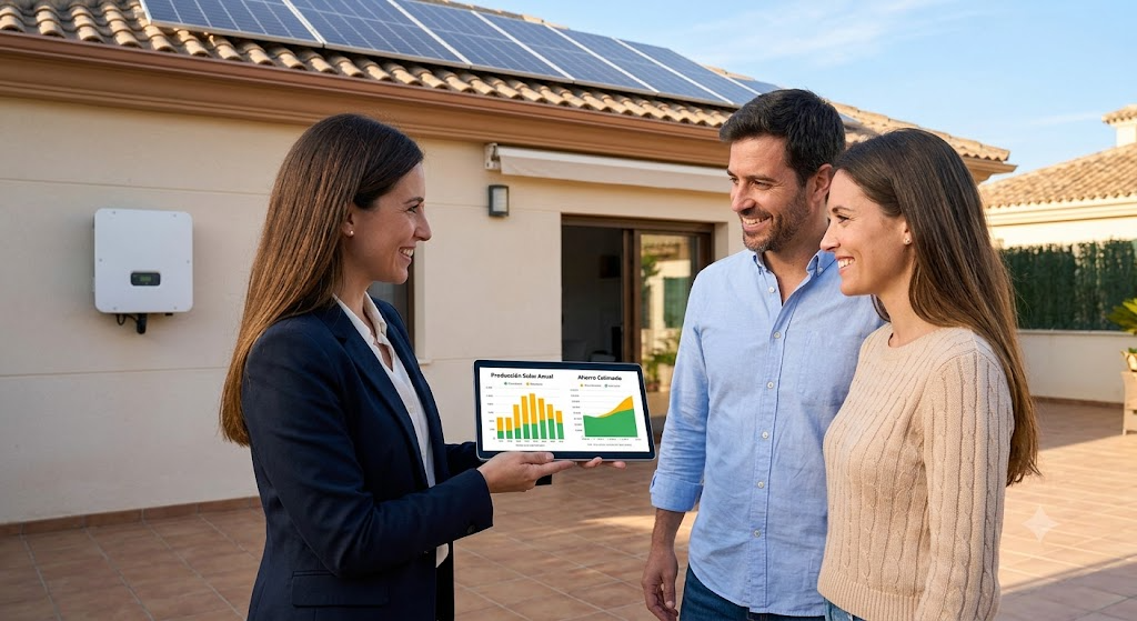 Una agente inmobiliaria sostiene una tableta que muestra gráficos vibrantes de producción de energía solar y ahorro en español, enseñándosela a una pareja interesada en una terraza soleada. El inversor solar es visible en la pared trasera.
