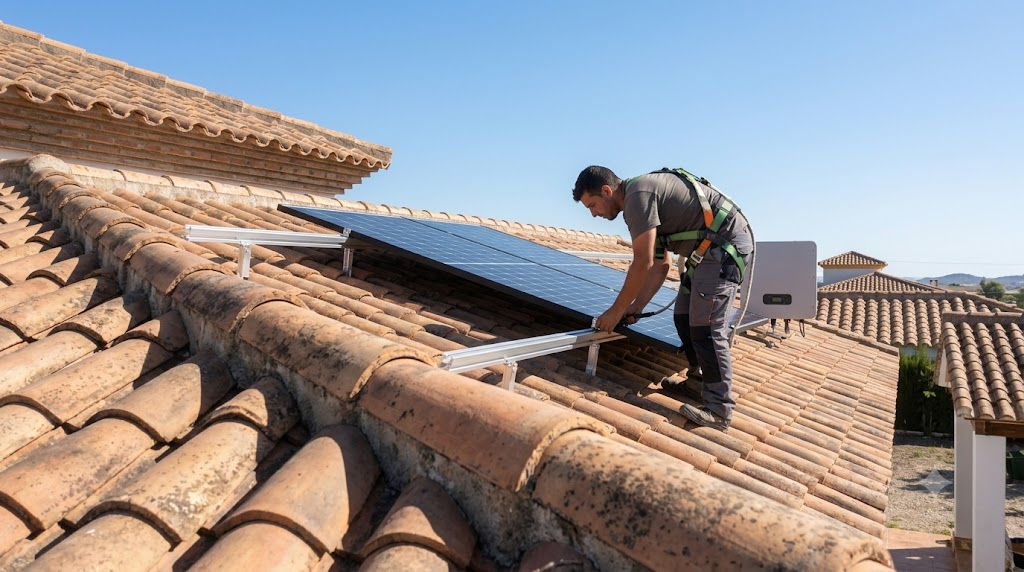 Un instalador solar profesional trabaja de forma segura en un tejado de teja árabe curved en España, fijando un panel solar a una estructura de aluminio.