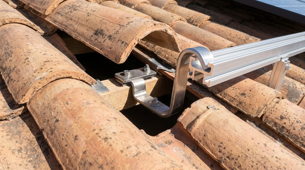 Primer plano macro de un gancho de acero inoxidable para montaje solar fijado firmemente a la estructura de madera debajo de una teja árabe curved levantada.