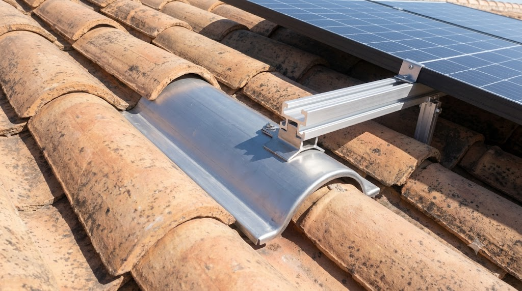Primer plano de una teja de sustitución metálica integrada en un tejado de teja árabe curved, con un soporte de montaje solar sujetando un riel de aluminio.