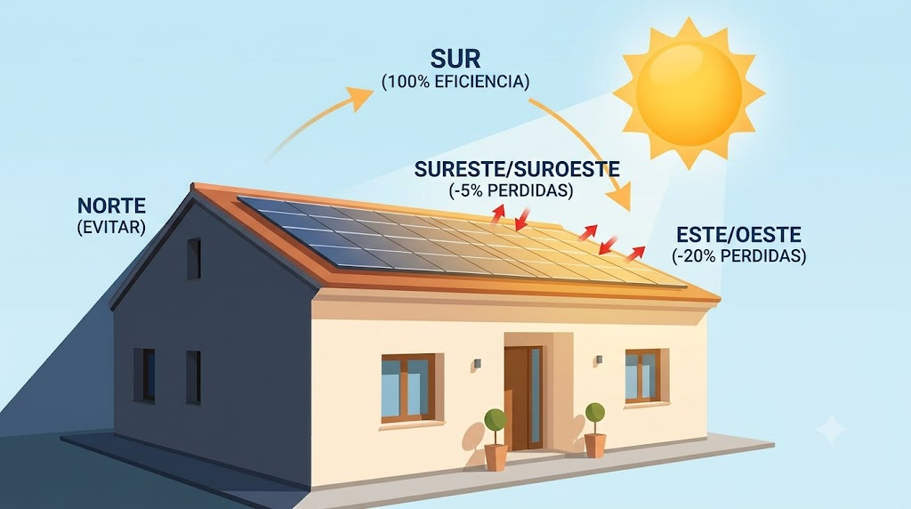 Infografía pérdidas rendimiento placas solares según orientación (Sur, Este, Oeste, Norte)