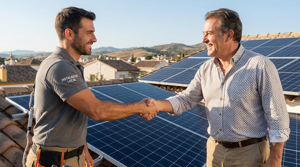 Instalador local y dueño de casa estrechándose la mano en un tejado tras la instalación solar exitosa