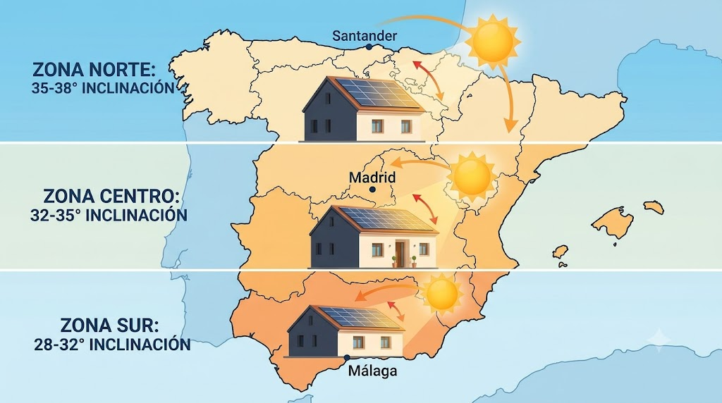 Mapa España inclinación óptima paneles solares por zonas latitud Norte Centro Sur