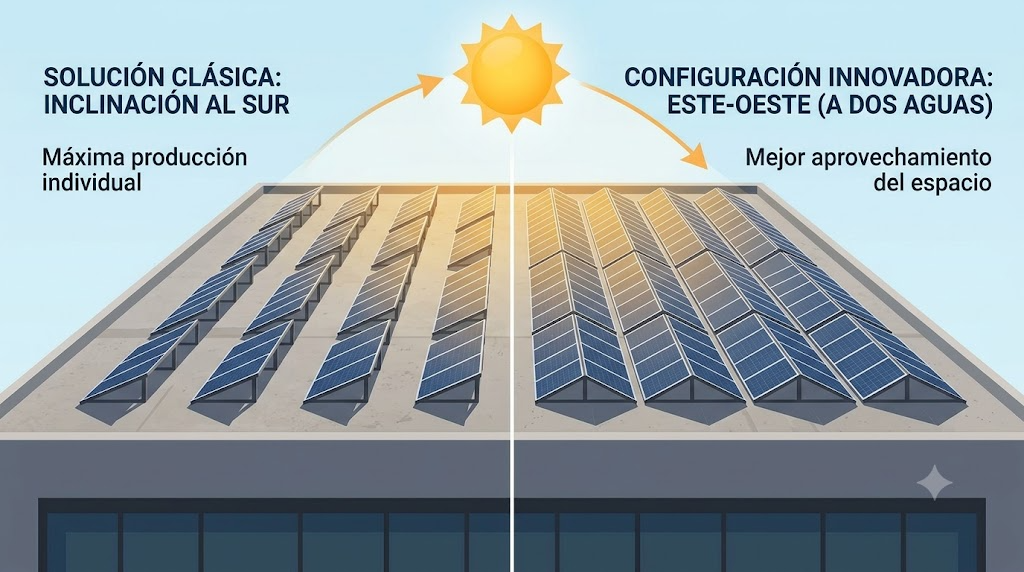 Comparación estructuras tejado plano: inclinación sur tradicional vs configuración este-oeste