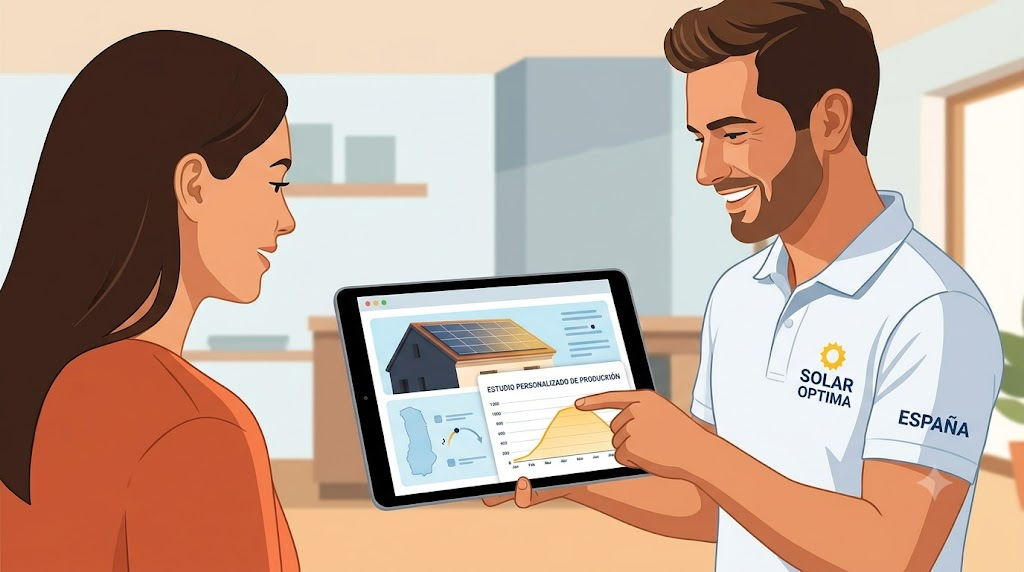 Estudio personalizado autoconsumo solar técnico y cliente analizando datos en tableta