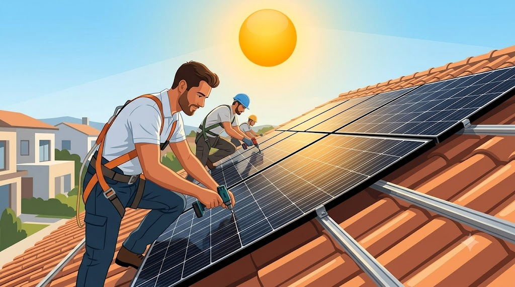 Montaje físico paneles solares tejado unifamiliar cuadrilla instaladores trabajando sol