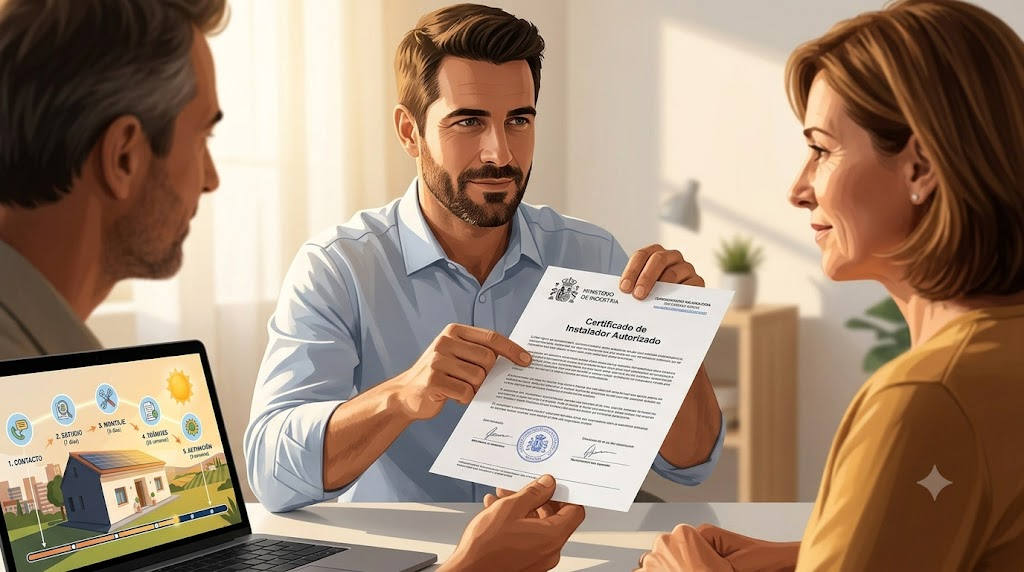 Técnico formal verificando carnet de instalador autorizado ante propietaria de vivienda