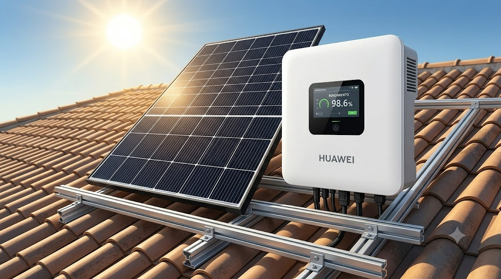 Equipos solares premium instalados en tejado español: panel mono, inversor Huawei y estructura aluminio