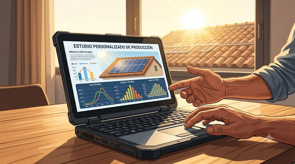 Técnico demostrando estudio personalizado de producción solar digital a cliente en casa