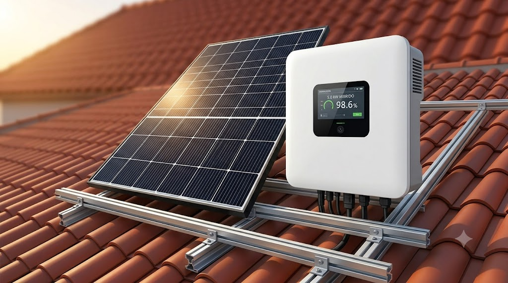 Conexión técnica de inversor híbrido solar de 5 kW Huawei para autoconsumo doméstico en vivienda.
