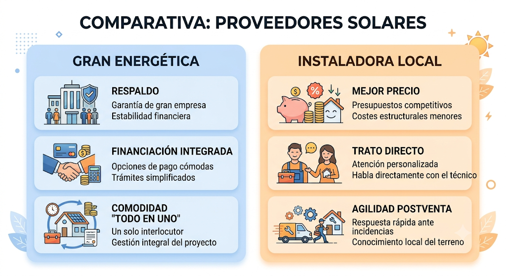 Infografía comparativa rápida: ventajas de elegir gran energética vs instaladora local para paneles solares