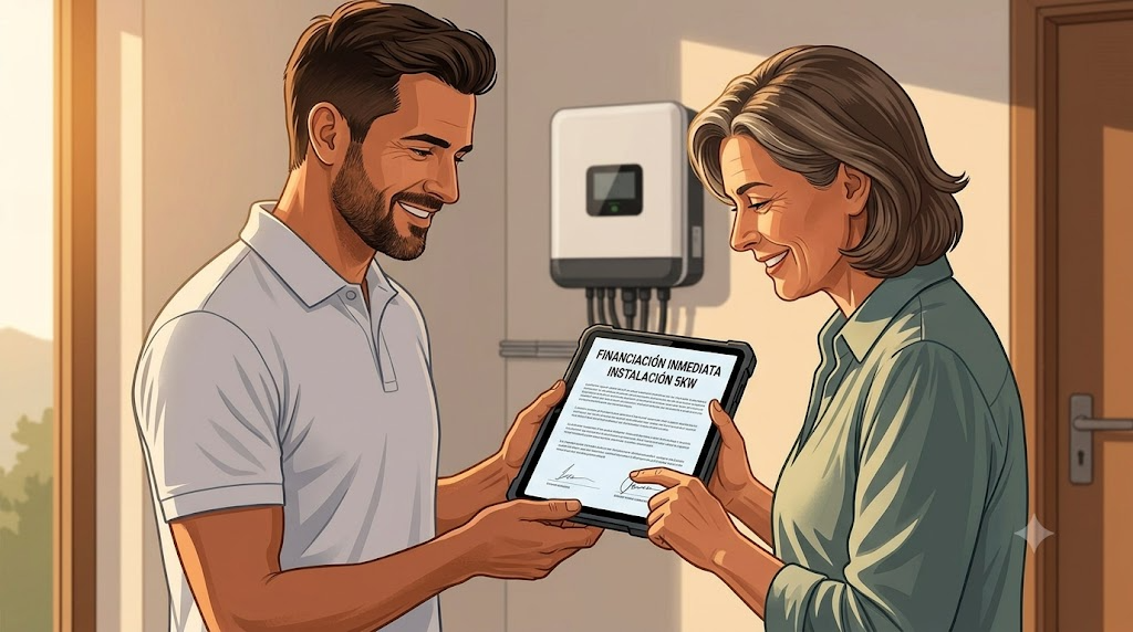 Firma digital financiación directa instalación solar con técnico y cliente en tableta.