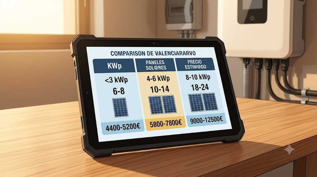 Infografía comparativa de presupuestos solares 2026 en Valencia según kWp y número de paneles en tableta resistente.