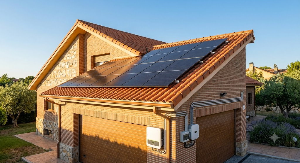 ejemplo instalación solar estándar Madrid 4kWp chalet paneles monocristalinos inversor hibrido