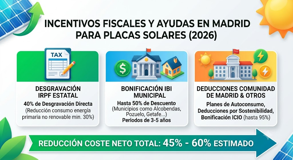 infografía incentivos fiscales paneles solares Madrid IRPF IBI Comunidad de Madrid ayudas autoconsumo