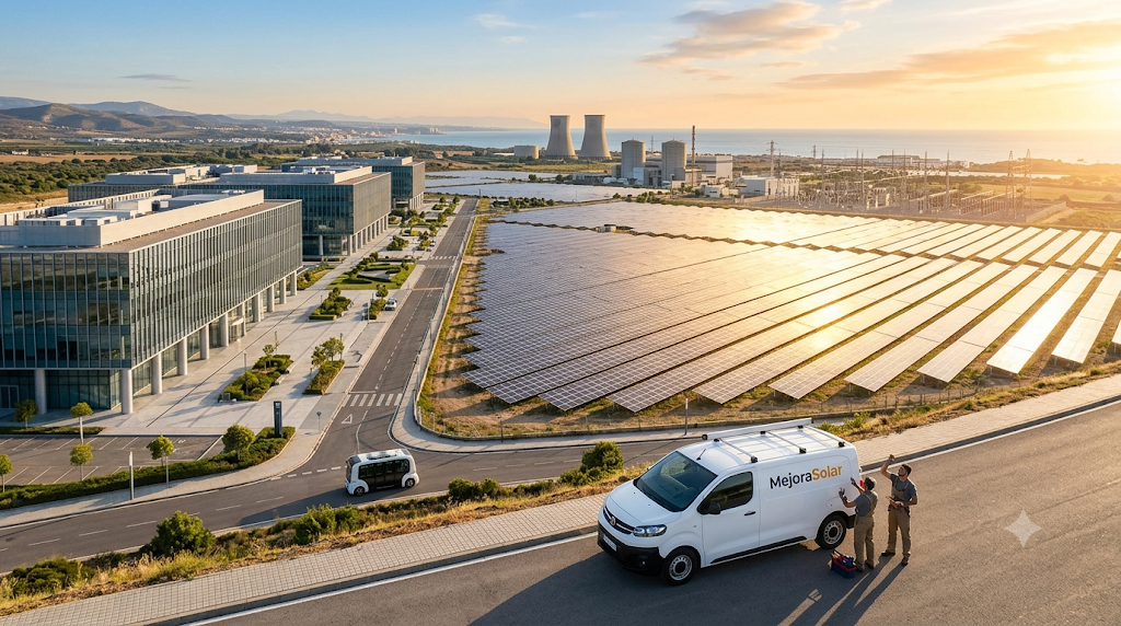 Complejo industrial moderno de Repsol con gran área de paneles solares y furgoneta de instaladora local en primer plano