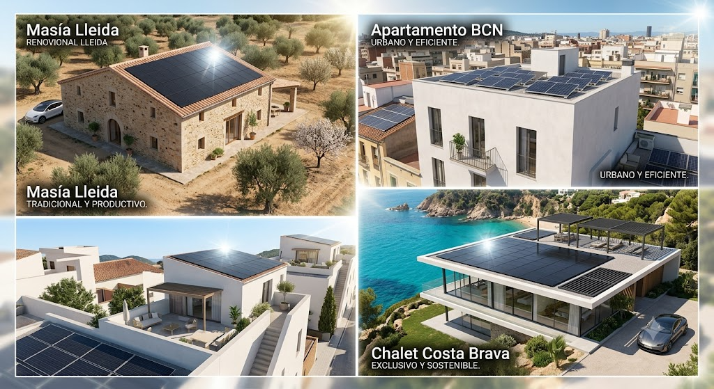 variedad viviendas Cataluña con placas solares masía lleida apartamento barcelona chalet costa brava