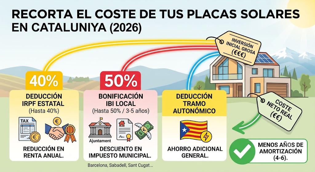 infografía ayudas y deducciones fiscales placas solares Cataluña IRPF IBI ICIO 2026