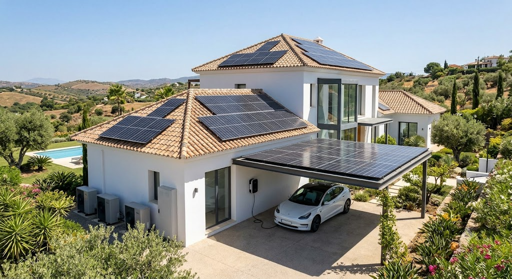 finca lujo andalucía placas solares aerotermia coche eléctrico integración energética 2026