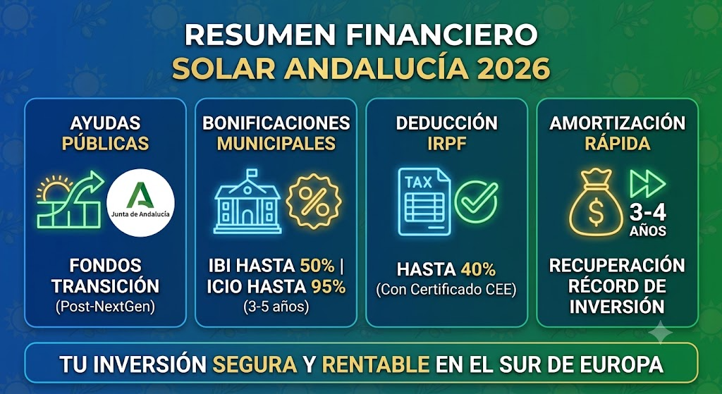 infografía resumen financiero placas solares andalucía 2026 subvenciones IBI IRPF amortización