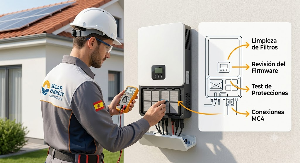 tecnico mantenimiento preventivo paneles solares revisando inversor híbrido residencial