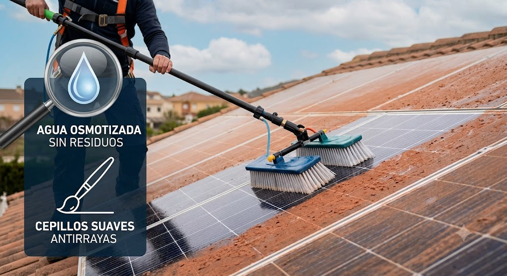 limpieza profesional paneles solares con agua osmotizada y cepillos suaves eliminación calima