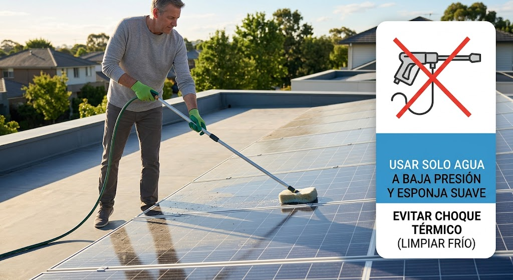 propietario limpiando paneles solares de forma segura manguera baja presion tejado plano