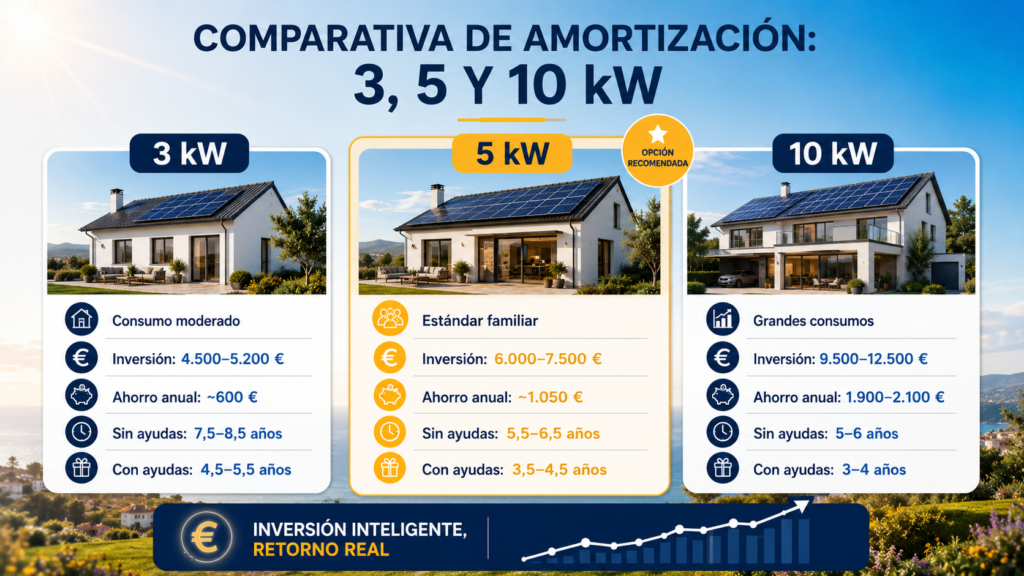 Comparativa de inversión, ahorro anual y tiempo de amortización de instalaciones solares de 3, 5 y 10 kW en España.