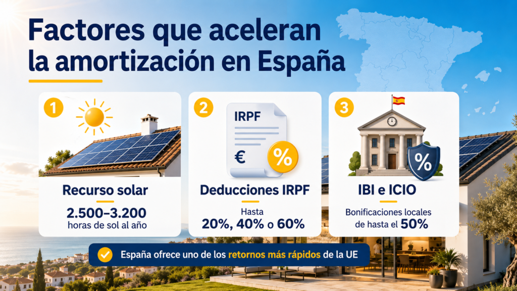 Factores que reducen el tiempo de amortización solar en España: horas de sol, deducciones del IRPF y bonificaciones de IBI e ICIO.