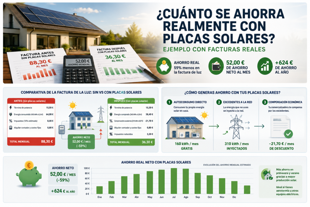 Comparativa de la factura eléctrica antes y después de instalar placas solares en una vivienda española.