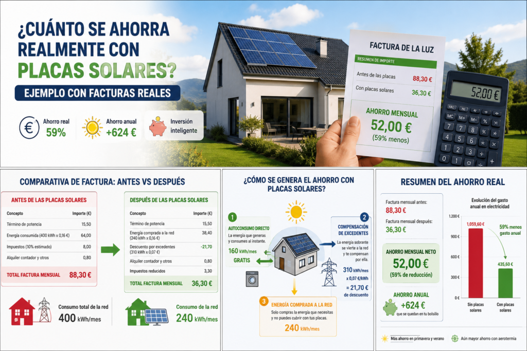 Funcionamiento del autoconsumo solar directo, los excedentes enviados a la red y su compensación económica.