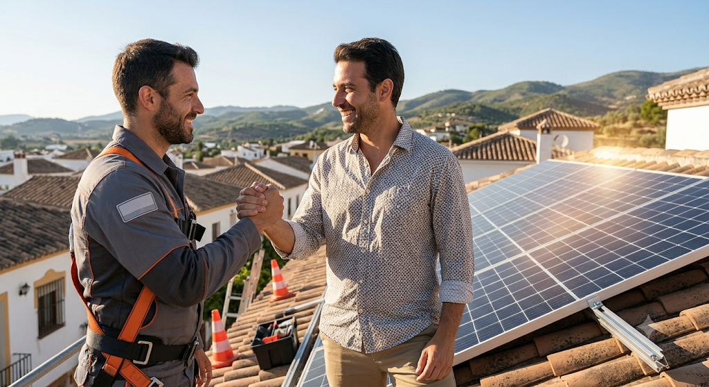 Instalador local genérico y dueño de casa estrechándose la mano en un tejado tras la instalación solar exitosa